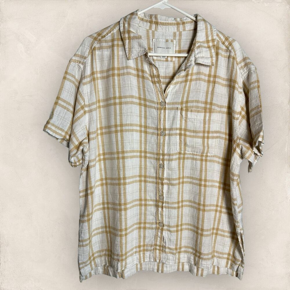 American Eagle Oversized Boyfriend Resort Shirt White Tan Plaid Large Top Blouse